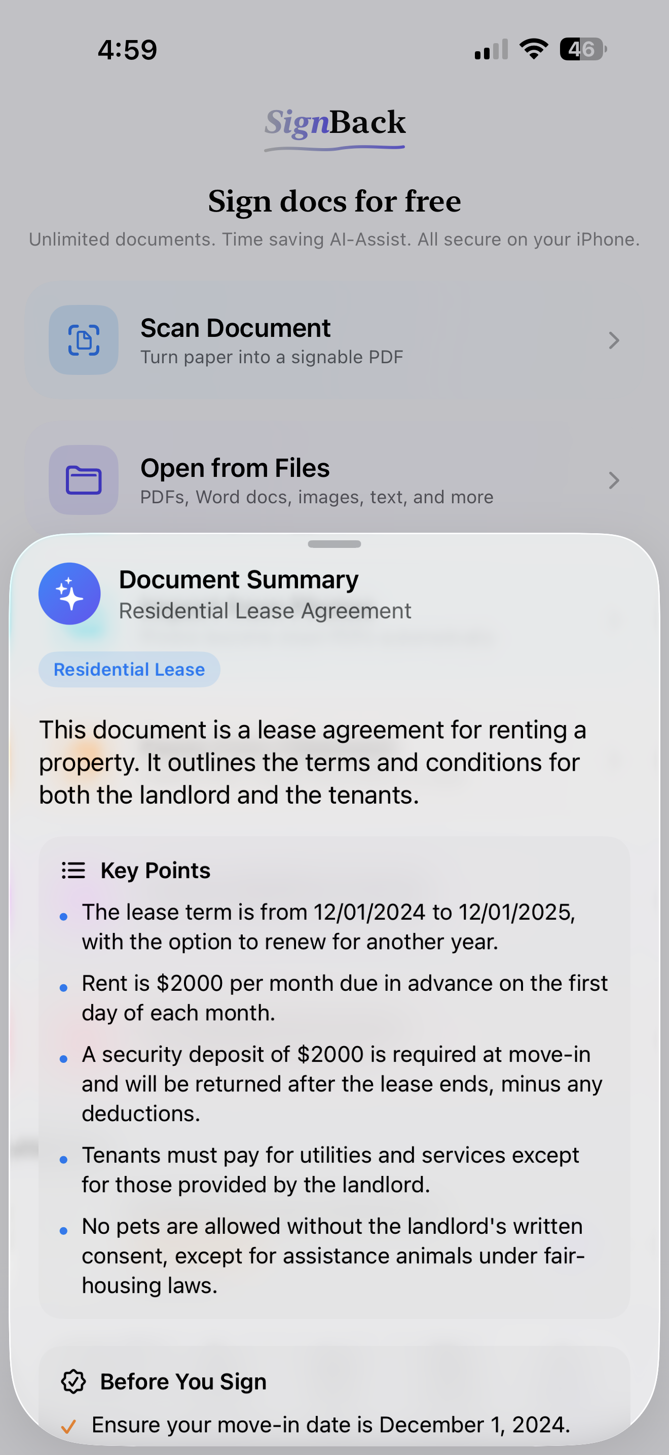 SignBack document summary showing a lease overview, key points, and items to check before signing