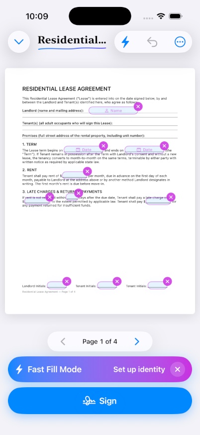 SignBack Fast Fill mode highlighting likely name, date, and signature fields on a lease